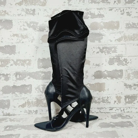 NEW Mackin J Satin Thigh High‎ Stocking Stiletto Black Over The Knee Boots K800 - Picture 5 of 13